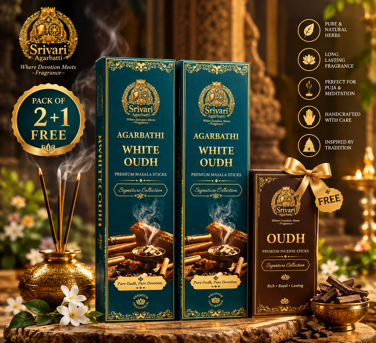 WHITE OUDH + Oud 2+1  free Pack Hand-Rolled Agarbatti